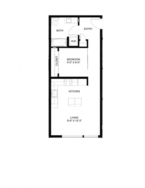 Floor plan for 1 bed, 1 bath, 601 sqft